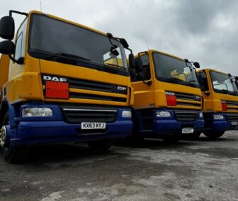 A 2013 DAF CF 75.310 6x2 fuel tanker with 18,000-liter capacity and hose & reel, one of three identical tankers available from Clugston International.