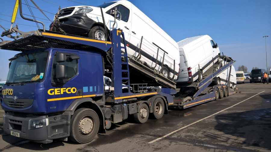 Three Mercedes-Benz Vans being exported from the UK.