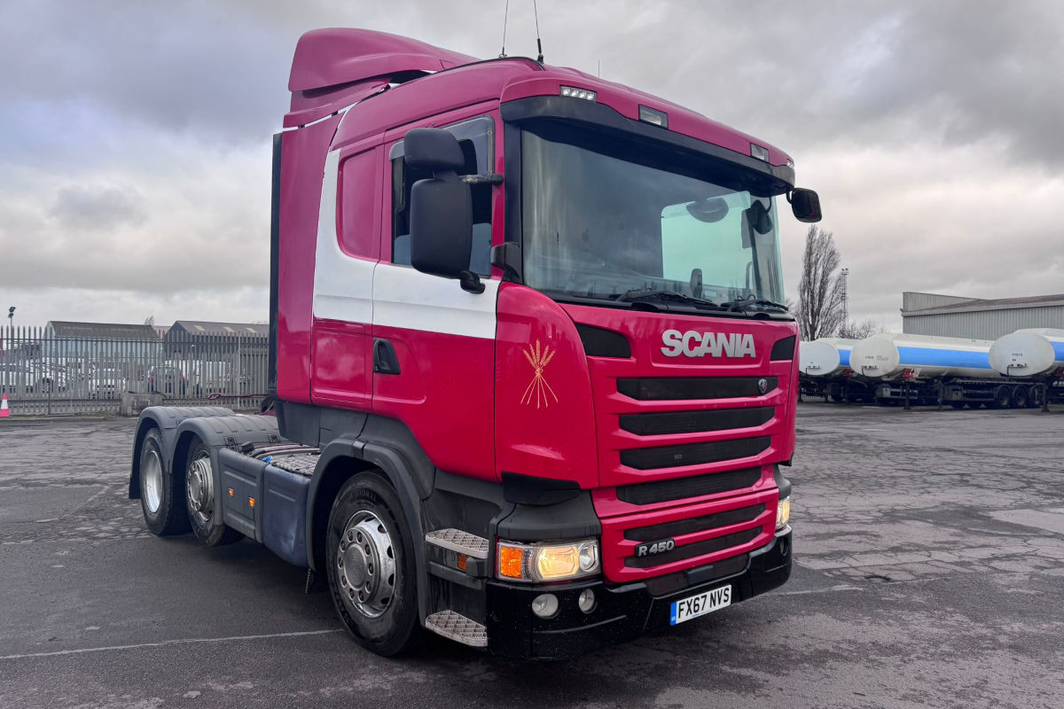2018 Scania R450 6x2 Mid-Lift tractor unit in red and white livery, automatic transmission, PTO hydraulics, tested until 2025. One of two identical units available. Registration FX67 NVS.