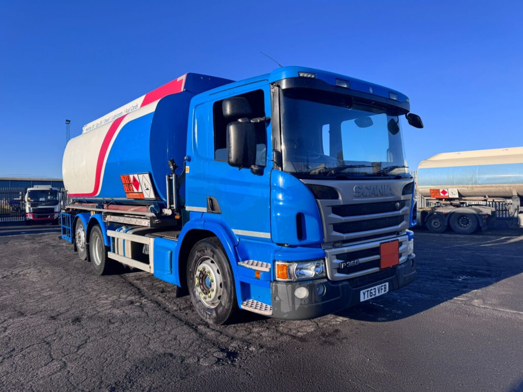 2013 Scania P360 6x2 ADR Fuel Tanker featuring 20,000L capacity, 5-compartment aluminum barrel, Euro 5 spec, and front-mounted delivery system. One of four identical units available for worldwide shipping. YT63VFB.