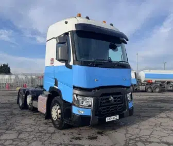 2014 Renault T460 6x2 tractor unit in blue and white with beacons, recently fitted engine, parked at depot