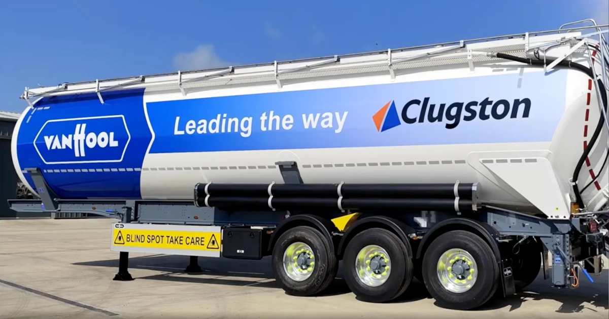 VanHool-IV 60m³ tipping silo tanker with Friction Stir Welding technology, branded with Clugston logo and 'Leading the way' slogan on blue and white livery