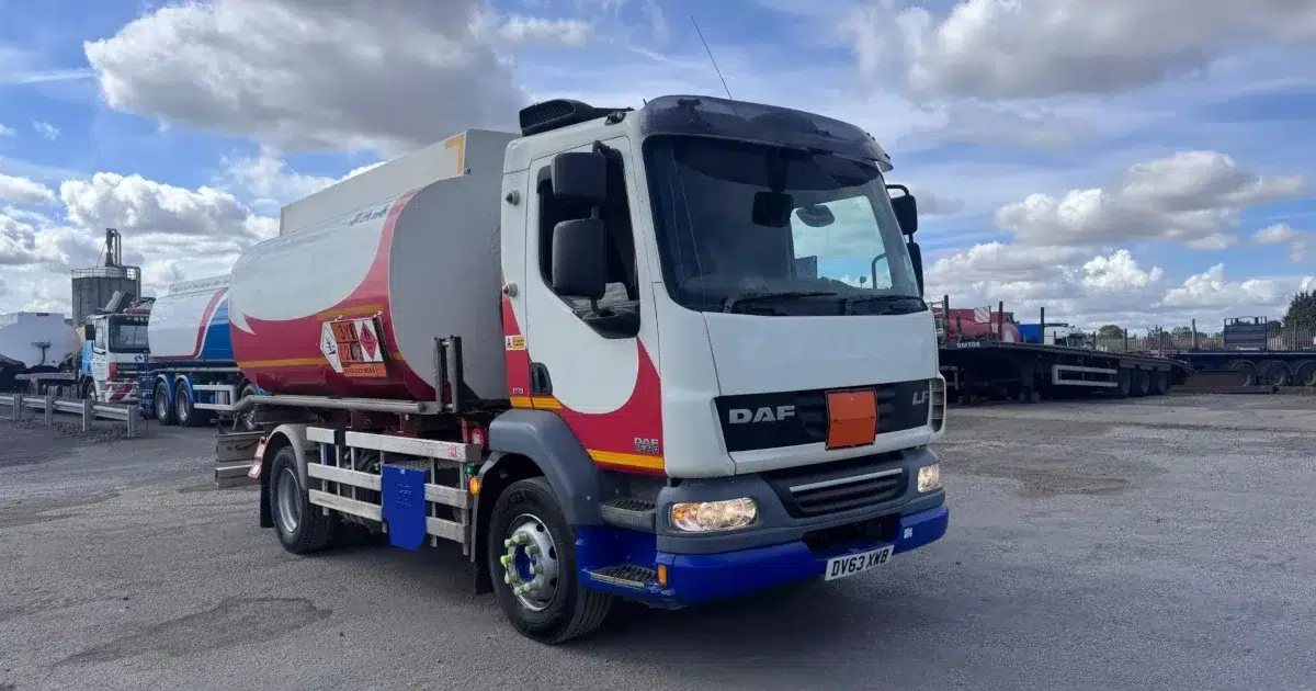 Used 2013 DAF LF55.220 4x2 Euro 5 fuel tanker truck with an 11,000 litre aluminium barrel. The vehicle is white and red and has the UK registration plate DV63 XWB.
