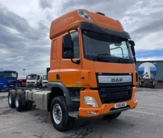 Right hand drive 2016 DAF CF400 6x4 double drive chassis cab truck for sale in the UK with export to Guyana, Jamaica, Mozambique, and Tanzania.