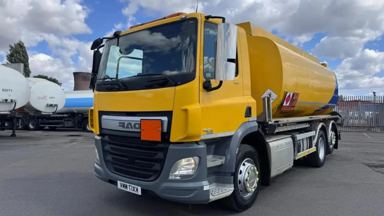 A yellow 2017 DAF CF330 6x2 fuel tanker truck. Click to play a video tour of this immaculate used DAF truck for sale.