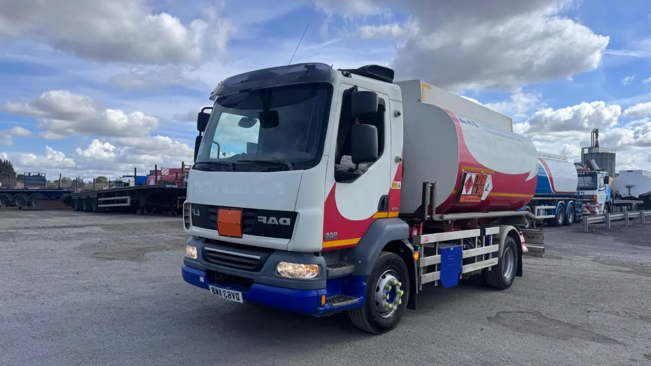 Video thumbnail showing 2013 DAF LF55.220 4x2 fuel tanker with white, red and blue livery, 11,000 litre tank across 3 compartments, manual gearbox, Euro 5 specification