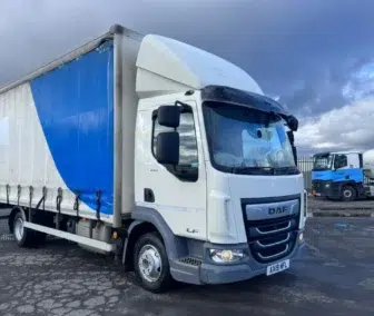 Used 2019 DAF LF45.180 curtain sider, 7.5-tonne rigid truck parked in a yard
