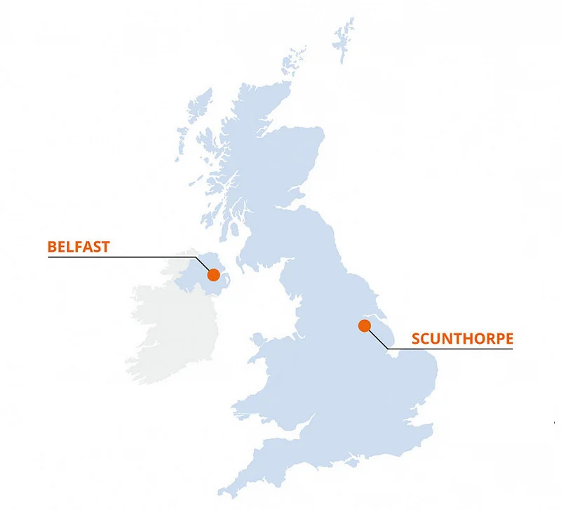Map showing Clugston International sales team locations in Belfast and Scunthorpe, supporting UK and global used truck export